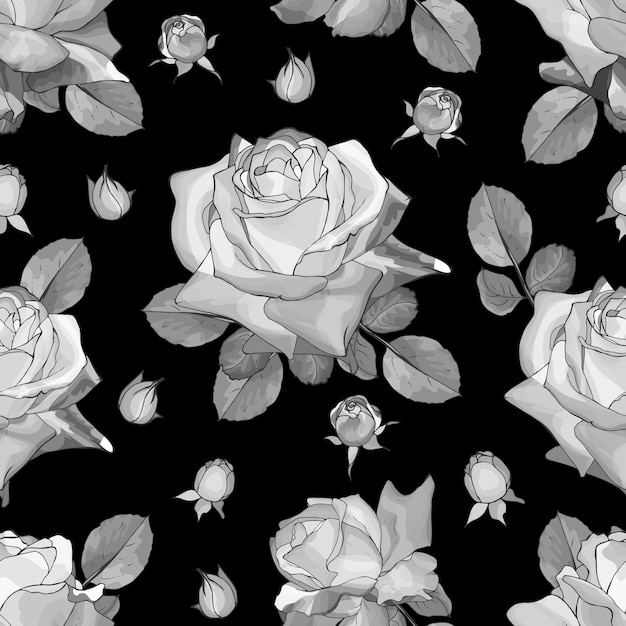 Zwart-wit naadloze bloemmotief met bloemen roos en bladeren. hand getekend.