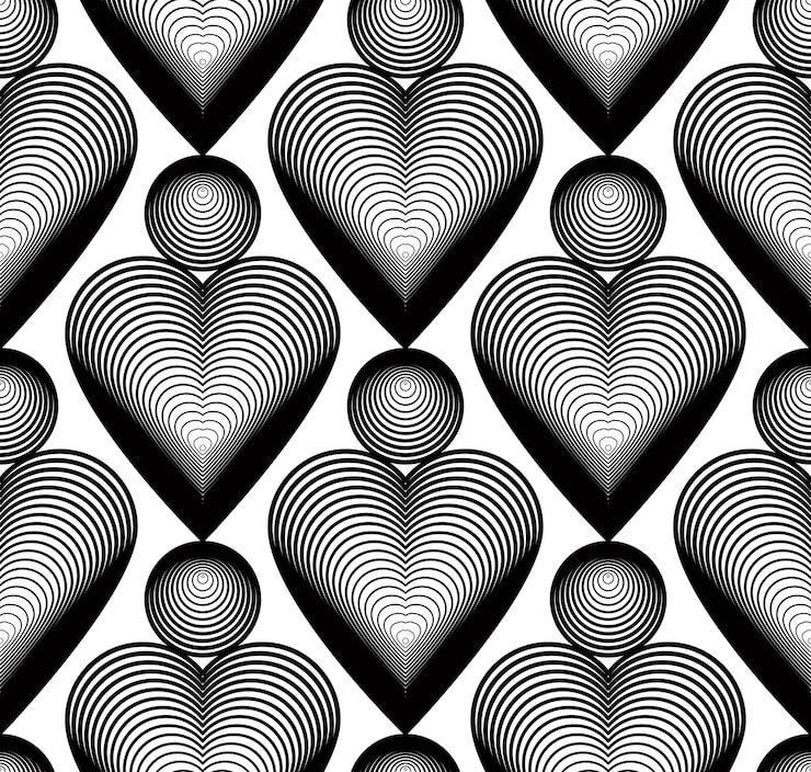 Vector zwart-wit ongrijpbaar abstract naadloos patroon met gestreepte liefdesharten. vector symmetrische eenvoudige achtergrond.
