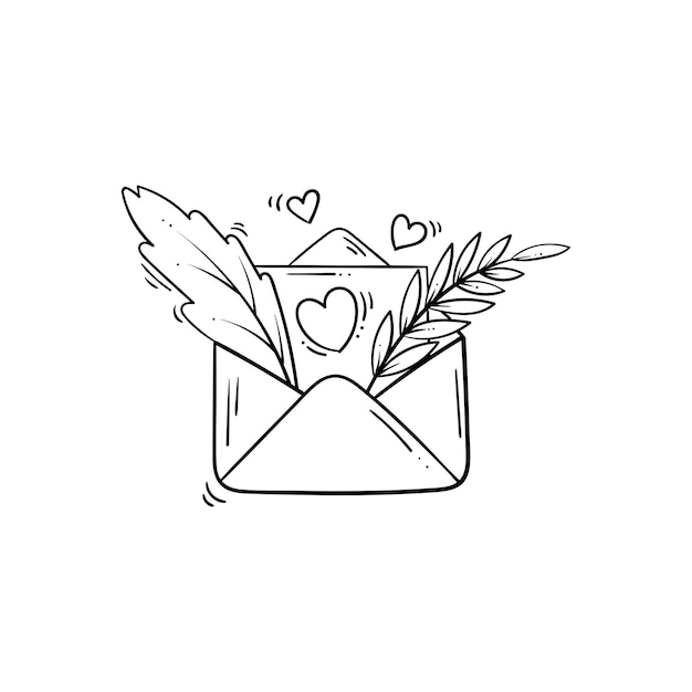 Zwart-wit open envelop met liefdesbrief en bladeren in doodle stijl