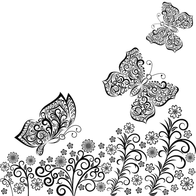 Vector zwart-wit opengewerkte vlinders en bloemen geïsoleerd op een witte achtergrond