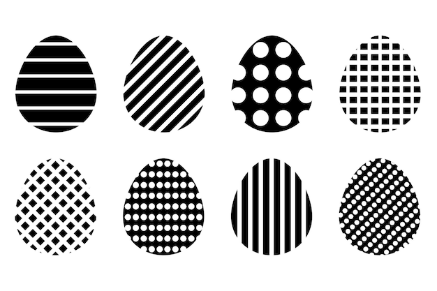 Vector zwart-wit patroon paaseieren collectie gestreepte en polka dot platte pictogrammen symbool paaseieren.