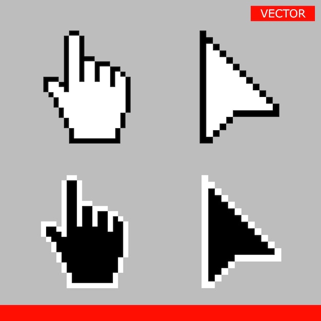 Zwart-wit pijl pixel en pixel muis hand cursors pictogram