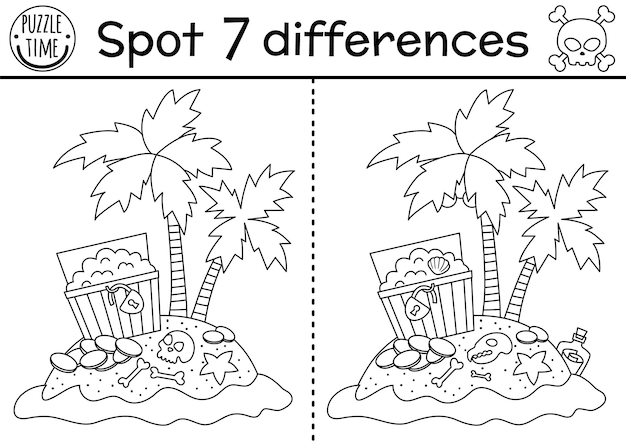 Zwart-wit piraat zoek verschillen spel voor kinderen zee-avonturenlijn educatieve activiteit met schattig schateiland met palmbomen en kist printbaar werkblad kleurplaat voor kinderenxa