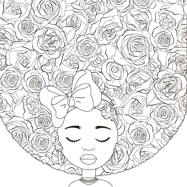 Vector zwart-wit portret van een schattig meisje met een kapsel van roze bloemen in de doodle-stijl