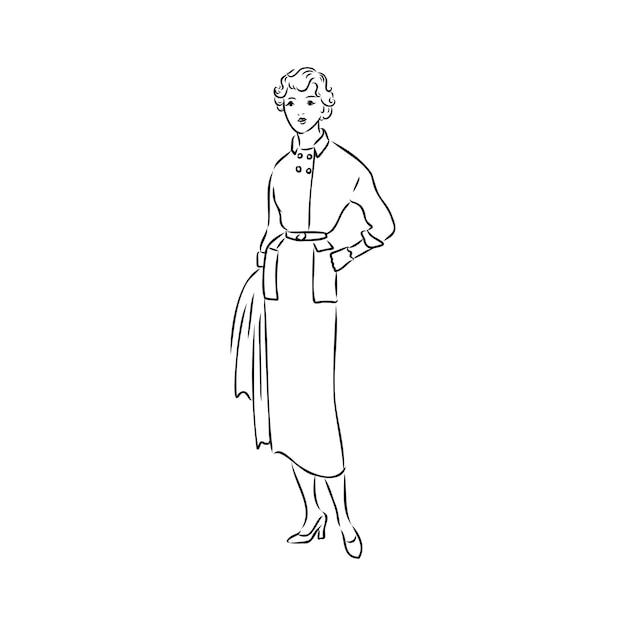 Zwart-wit retro fashion model in schets stijl hand getekende vectorillustratie