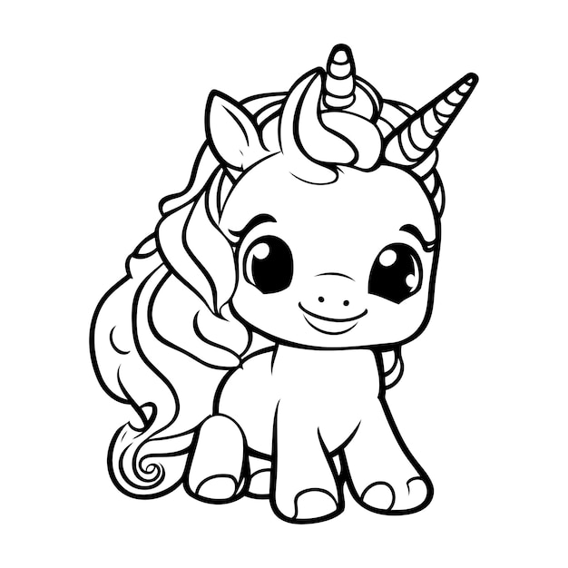 Vector zwart-wit schattige cartoon unicorn vectorillustratie voor kleurboek