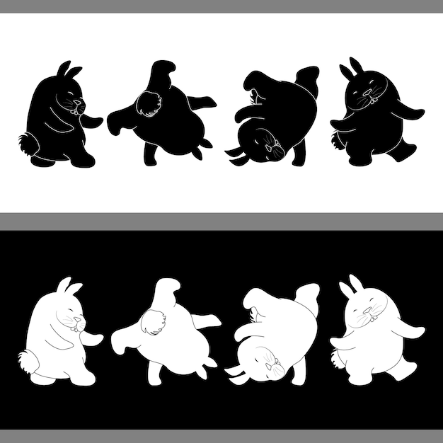 Zwart-wit schattige dansende silhouetten van konijntjes in cartoon-stijl