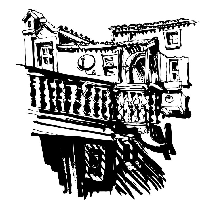Vector zwart-wit schetsen van het oude gebouw in budva montenegro, oude stad reizen vectorillustratie