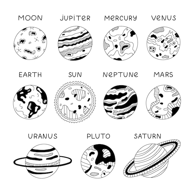 Zwart-wit set met omtrek sterren planeten van het zonnestelsel Hand getekend doodle met het universum