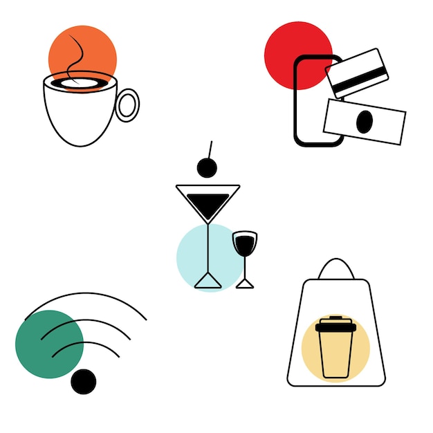 Zwart-wit set van vector iconen van aanwijzers voor diensten en zakelijke cafés, bars en restaurants