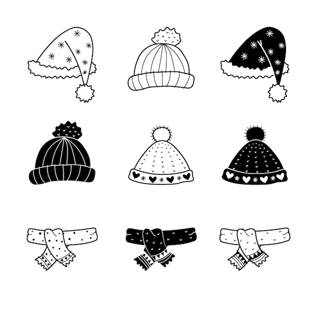 Zwart-wit set wintermutsen en sjaals in Scandinavische stijl Cute vector doodle illustration