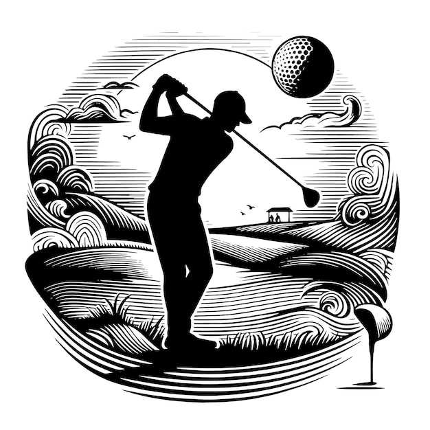 Vector zwart-wit silhouet van een golfprofi die golf speelt