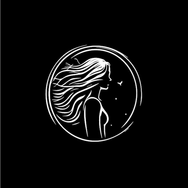 Zwart-wit silhouet van een jong meisje hoofd met kapsel vrouw profielpictogram met tak laat modern logo voor het cosmetica merk haarverzorgingsproduct beauty salon Vector illustratie