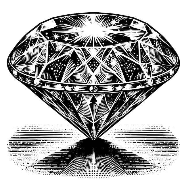 Vector zwart-wit silhouet van een perfect gesneden sprankelende solitaire diamant edelsteen