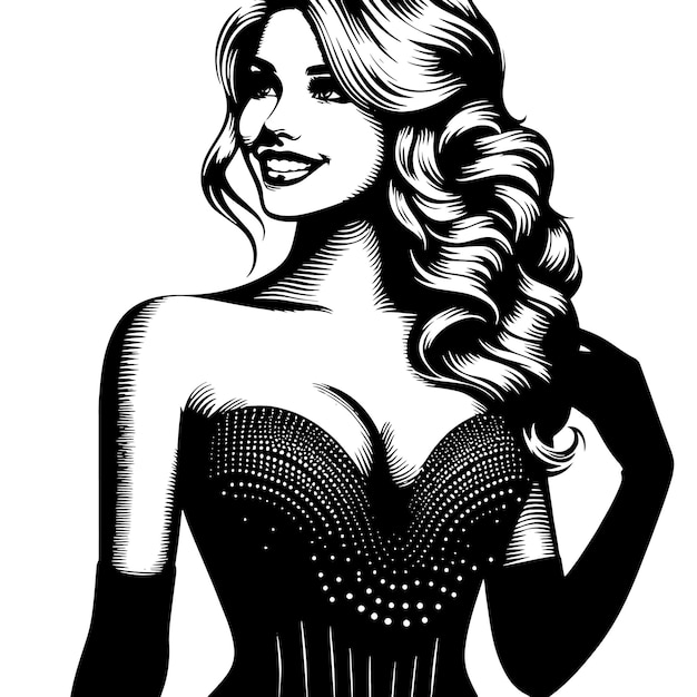 Vector zwart-wit silhouet van een vrouw in een zwarte kinky jurk die afstaat