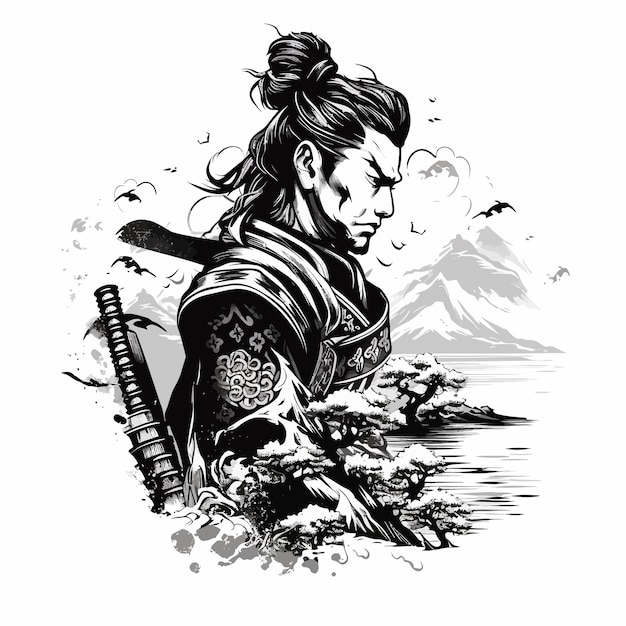 zwart-wit tatoeage van een Japanse samurai.