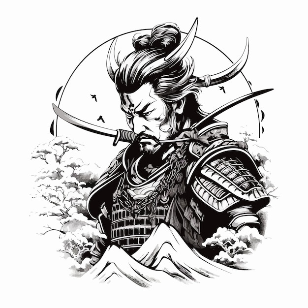 zwart-wit tatoeage van een Japanse samurai.