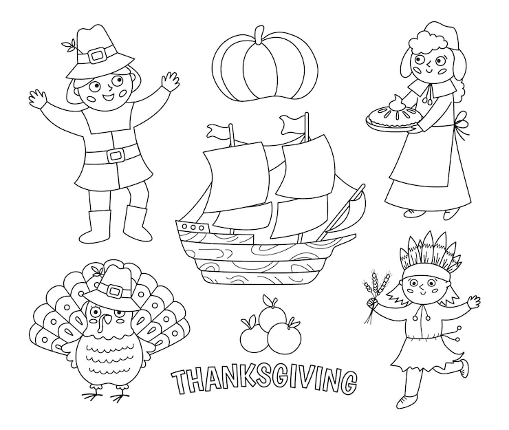 Vector zwart-wit thanksgiving day tekens instellen vector herfst lijn iconen collectie met pelgrims inheemse indiase schip turkije pompoen schattig overzicht herfstvakantie collectie of kleurplaten pagexa
