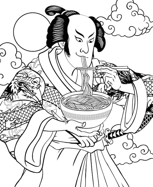 Vector zwart-wit van volwassen kleurplaat van een man die ramen eet in ukiyo e-stijl