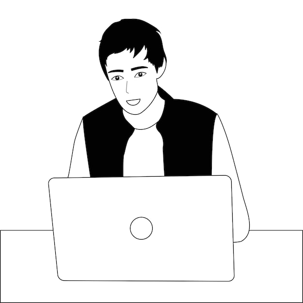 Zwart-wit vector illustratie hand tekening lijn de man werkt op de laptop