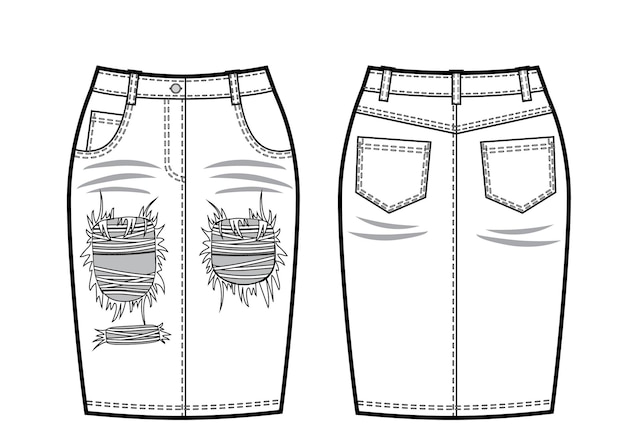 Vector zwart-wit vectorillustratie van vrouwen jeans rok. voor- en achteraanzicht