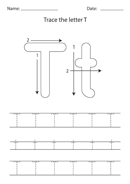 Zwart-wit werkblad voor het leren van het Engelse alfabet. Traceer letter T.