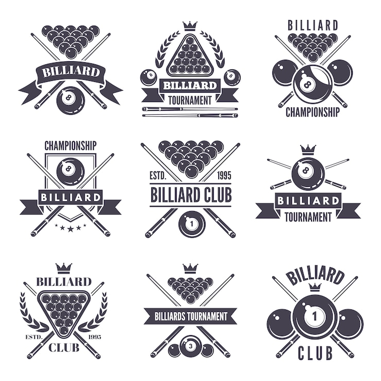 Vector zwart-witlabels of emblemen voor biljartclub.