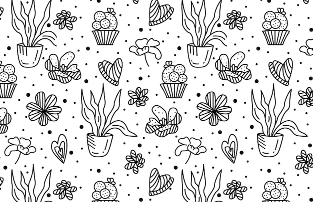 Zwart-witte bloemen en harten in doodle stijl Naadloze vector patroon