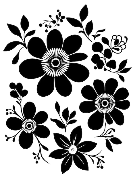 Vector zwart-witte bloemen silhouet stencil vectorillustraties