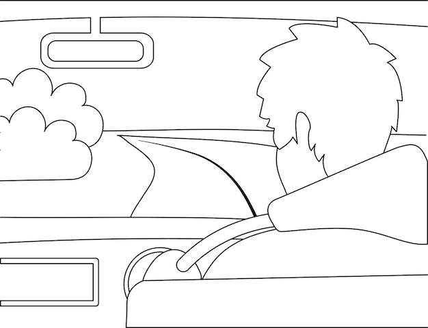 Zwart-witte lijnen worden getekend een man in een auto rijdt langs een weg in een veld ze kijkt in de achteruitkijkspiegel reiziger op reis