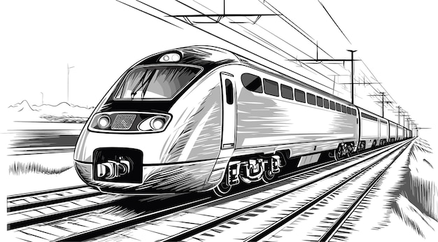 Zwart-witte tekening van een moderne trein