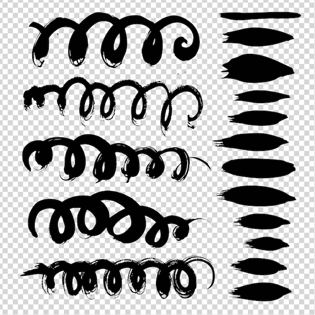 Zwarte abstracte golvende en verschillende gestructureerde penseelstreken ingesteld op imitatie transparante achtergrond