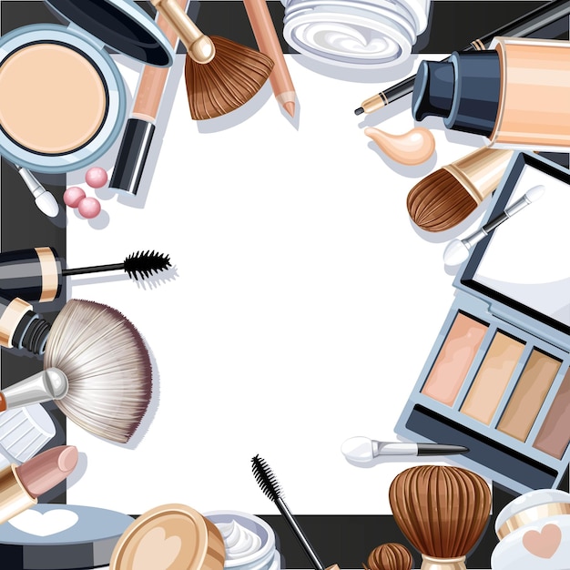 Zwarte achtergrond met cosmetische voorwerpen voor make-up frame op wit papier
