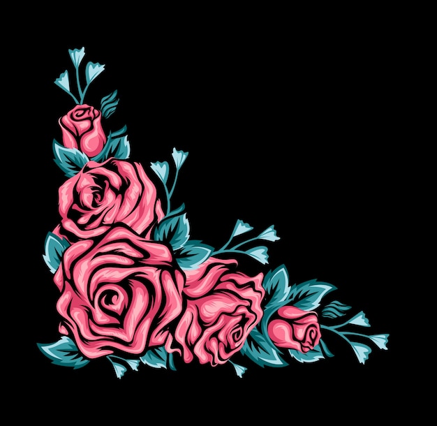 zwarte achtergrond met roze rozen en groene bladeren
