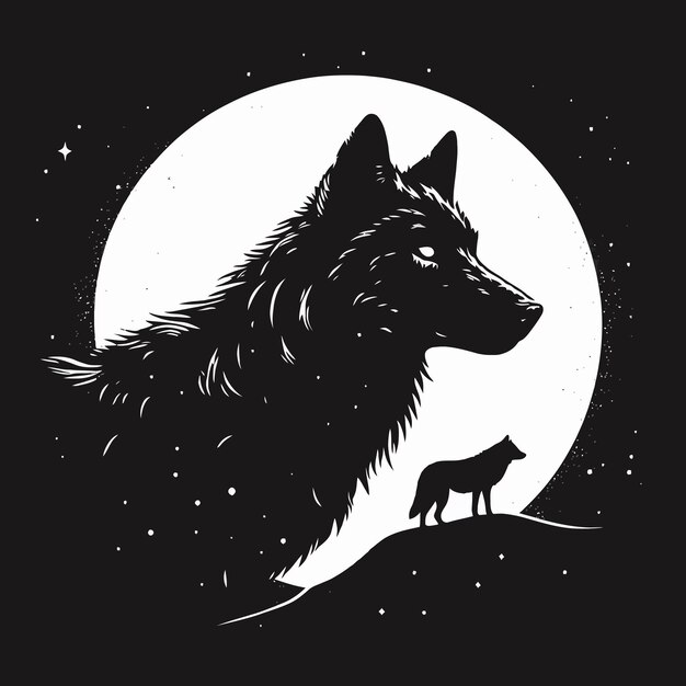 Zwarte alpha mannelijke eenzame wolf met volle maan silhouet Wild dier's nachts grafisch ontwerp illustrati