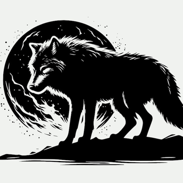 Zwarte alpha mannelijke eenzame wolf met volle maan silhouet Wild dier's nachts grafisch ontwerp illustrati