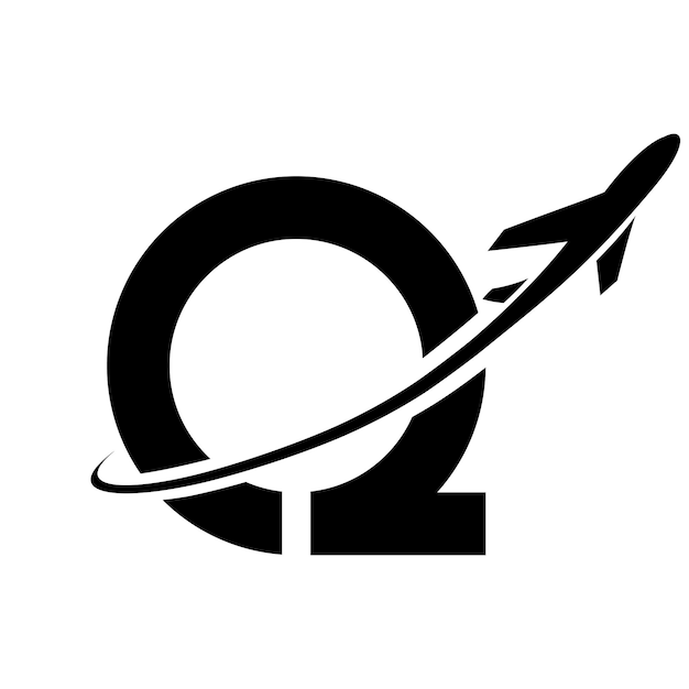 Zwarte antieke letter Q pictogram met een vliegtuig op een witte achtergrond