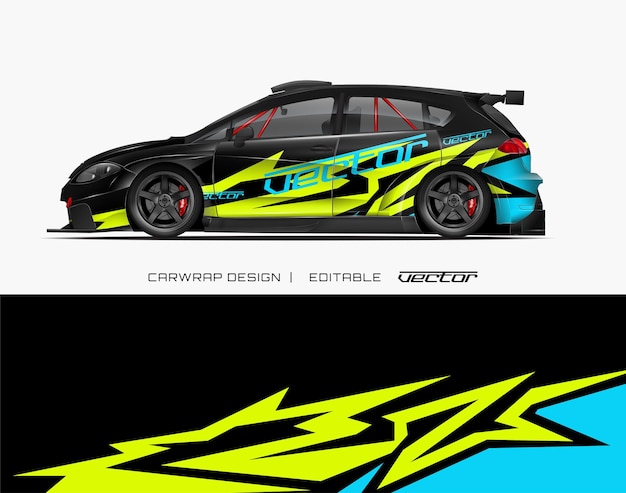 Zwarte auto ontwerp gele blauwe strepen rode remmen