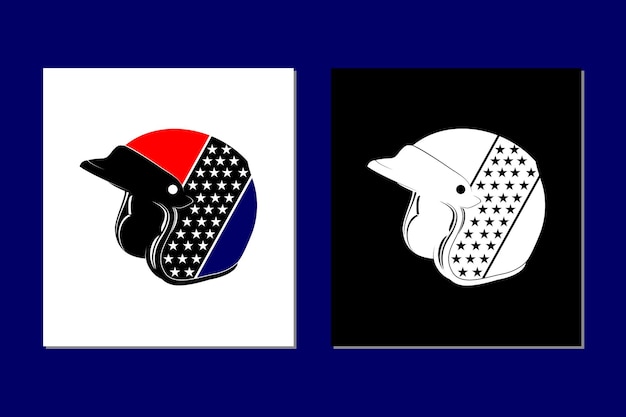 Zwarte, blauwe en rode strepen motor klassieke helm met ster ornament pictogram vector logo ontwerp