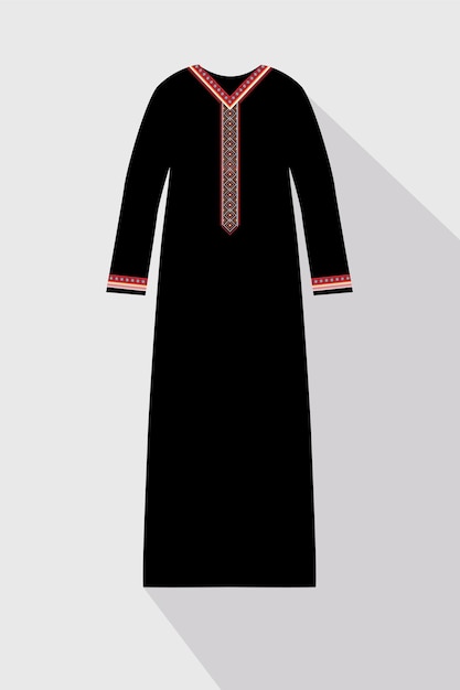 Vector zwarte borduurwerk arabische abaya in vlakke stijl. moslim hijab, islamitische vrouwelijke lange jurk.