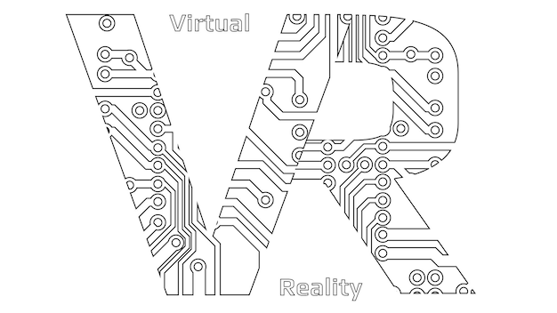 Zwarte contouren van letters VR afkorting voor Virtual Reality geperforeerd met PCB printplaat tracks geïsoleerd op wit Concept voor logo banners of reclame