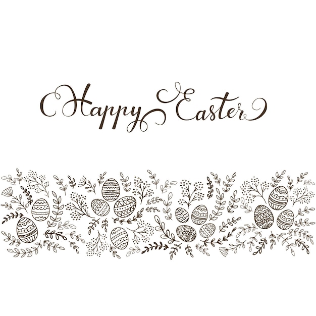 Zwarte decoratieve eieren met florale elementen en belettering happy easter op witte achtergrond, afbeelding.