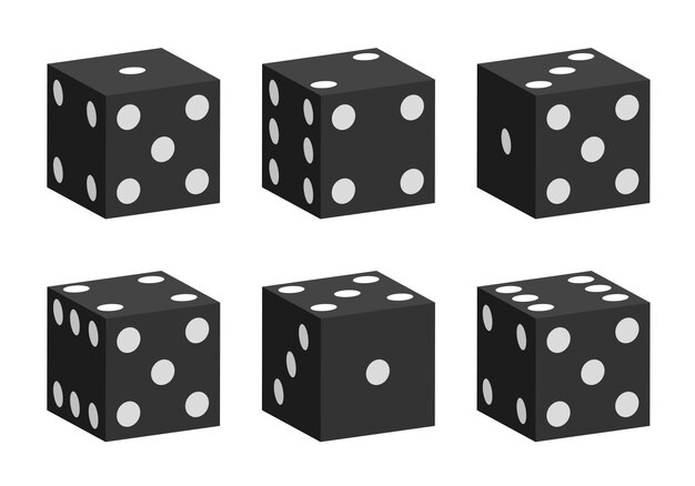 Zwarte dobbelstenen met witte stippen Vector set geïsoleerd op witte achtergrond 3d dobbelstenen