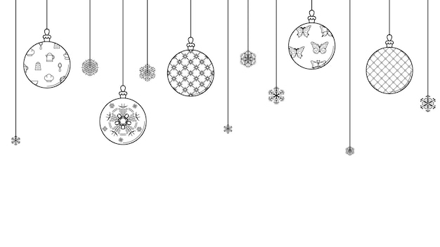 Zwarte Doodle schets eenvoudige lijn abstracte Maerry kerst Xmas ballen met sneeuwvlokken vakantie Decora