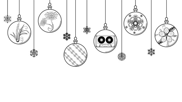 Zwarte Doodle schets eenvoudige lijn abstracte Maerry kerst Xmas ballen met sneeuwvlokken vakantie Decora