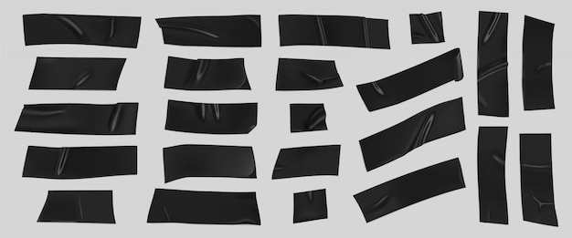 Vector zwarte ducttape set. realistische zwarte plakbandstukken voor geïsoleerde bevestiging