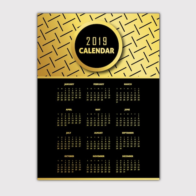 Zwarte en gouden 2019 patroon kalenderontwerpen