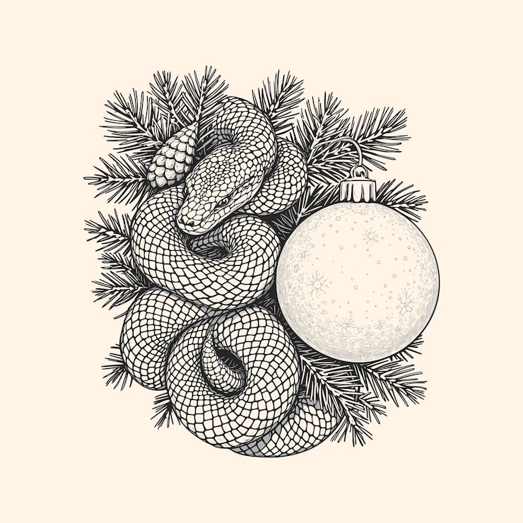 Vector zwarte en witte vector tekening van een slang met sparren tak en kerstboom ballen