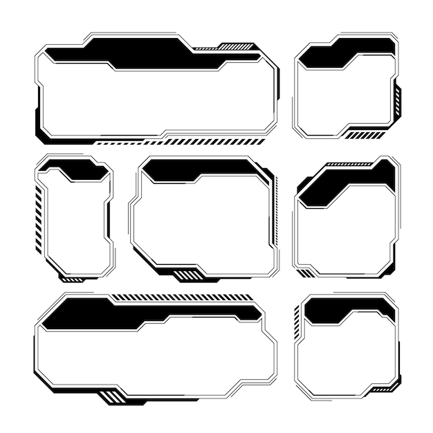 Zwarte futuristische HUD- of UI-elementen Scifi-gebruikersinterface tekstvakken oproepen Waarschuwingsberichten frames informatievakken sjabloon Moderne spelinterface lay-out in digitale stijl Vector-illustratie