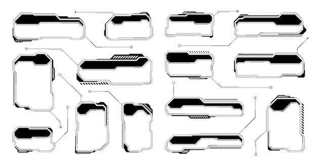 Zwarte futuristische HUD- of UI-elementen Scifi-gebruikersinterface tekstvakken oproepen Waarschuwingsberichten frames informatievakken sjabloon Moderne spelinterface lay-out in digitale stijl Vector-illustratie